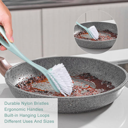 Dish Brush with Handle, Kitchen Deep Cleaning Dish Scrub Brush, 3 Pieces Ergonomic Built-in Hanging Loops Scrubber Brush Set for Pot, Dish, Pans, Bottle, Sink Cleaning, Nordic Green