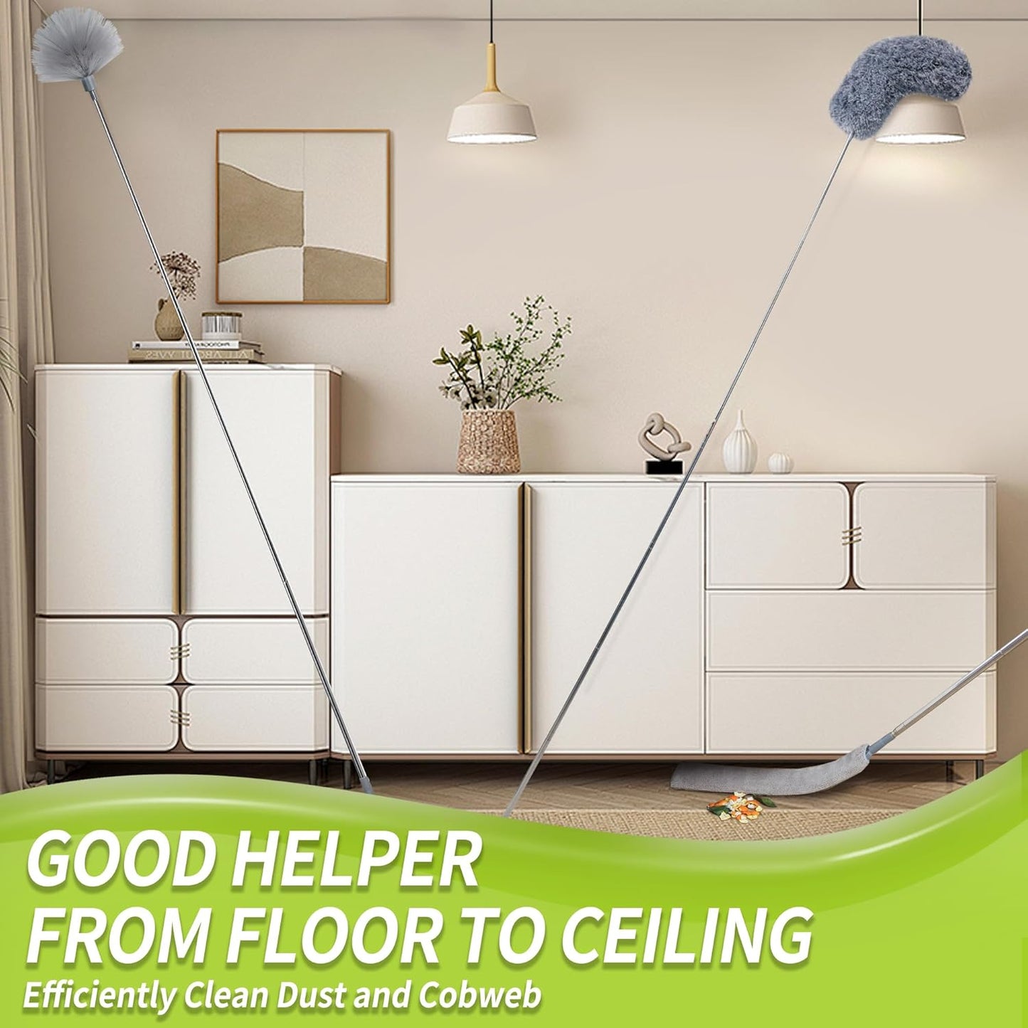 IVYROLL Cobweb Duster with Extension Pole, Spider Web Brush & Ceiling Cleaning Kit, 100" Microfiber Feather Duster Cleaner with Washable Head for Ceiling Fan, Furniture, Home