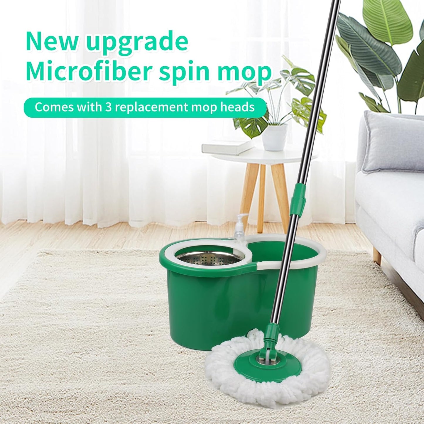 Spin Mop and Bucket with Wringer Set，Mop and Bucket Set for Floor Cleaning with 3 Mop Refills 61 inches Telescoping Rod for Office and Home use