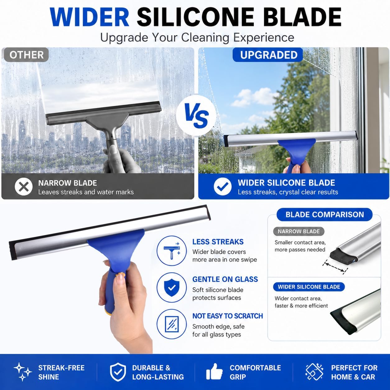 ITTAR Window Squeegee Cleaning Kit with 60 Inch Extension Pole | 12" Glass Cleaner Tool rubber Blade & 2 Microfiber Pads | Window Washing Equipment for High Windows, Shower Glass Doors, Car Windshield