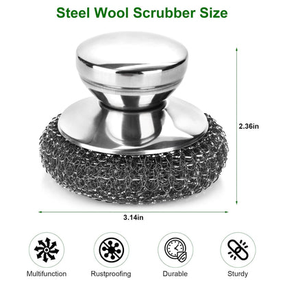4PCS Steel Wool Scrubber Pads, Stainless Steel Scrubber Set with 3Pcs Steel Wool Pads, Steel Scrubber for Dishes, Ideal for Cleaning Cast Iron, Pots, Pans, Grills, Stoves, Sink, Kitchen Household