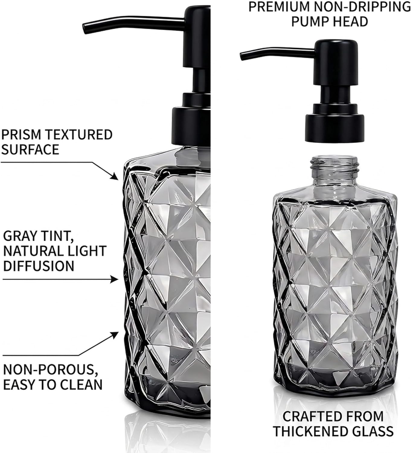 12 Oz Clear Black Glass Soap Dispenser with Plastic Pump - Refillable Liquid Hand Soap Dispenser for Kitchen Soap Dispenser for Bathroom, Hand Soap, Dish Soap
