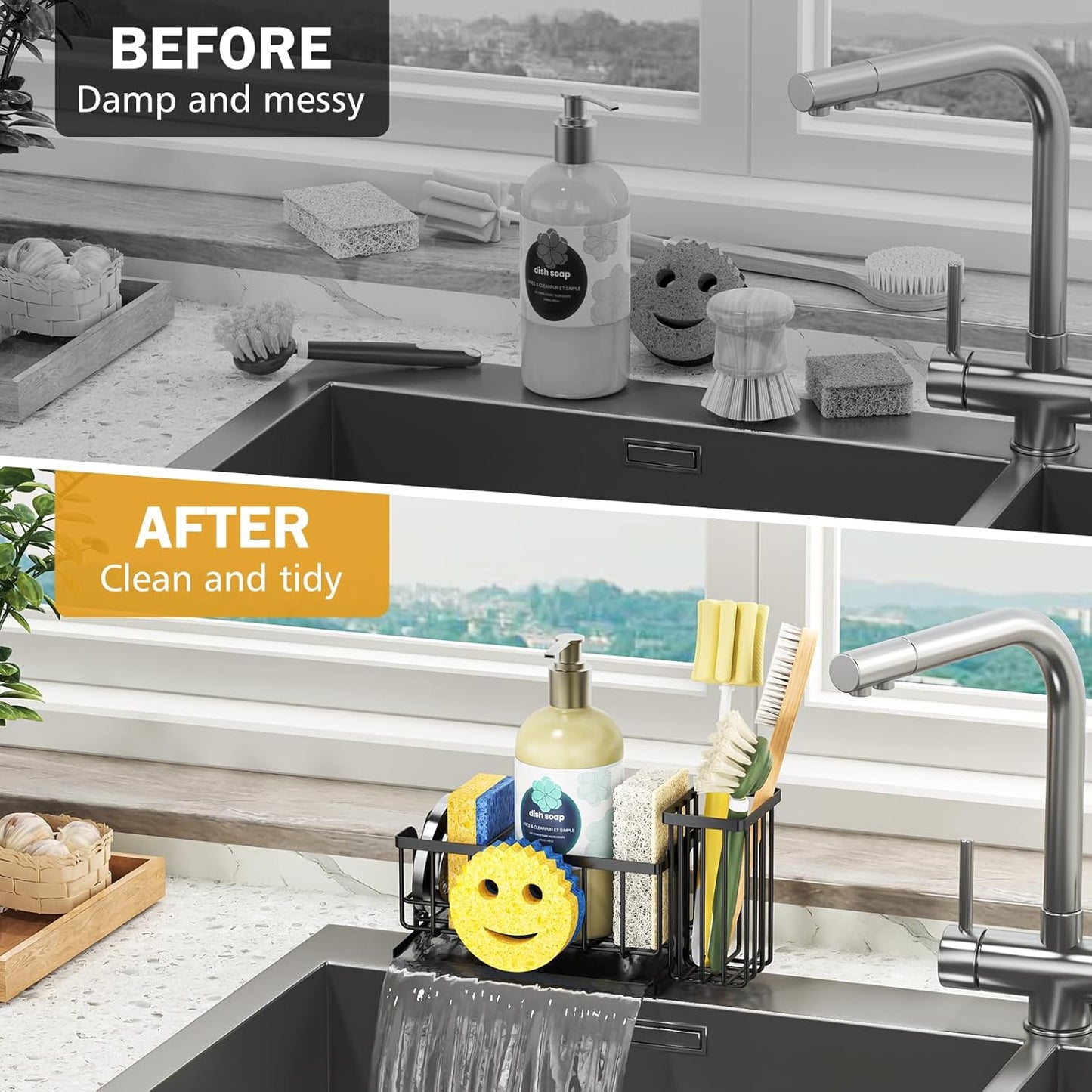 Sponge Holder for Kitchen Sink with Suction Cups & Adhesive Hook, Rustproof In-Sink Sponge Holder, Space-Saving Wall Hanging Sink Caddy Organizer Rack - Sponge, Dish Cloth, Brush - Stainless Steel