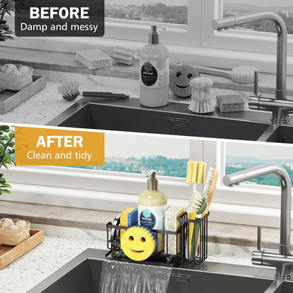 Sponge Holder for Kitchen Sink with Suction Cups & Adhesive Hook, Rustproof In-Sink Sponge Holder, Space-Saving Wall Hanging Sink Caddy Organizer Rack - Sponge, Dish Cloth, Brush - Stainless Steel
