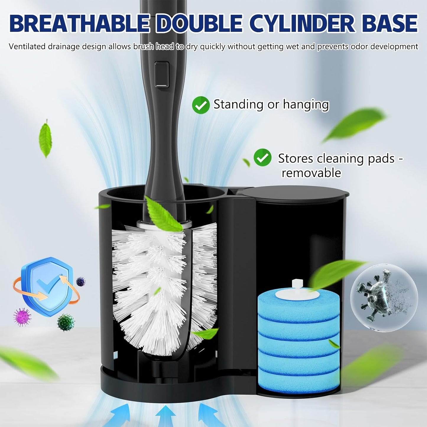 Electric Toilet Brush and Holder Set, Electric Toilet Bowl Brush, Toilet Brush Cleaner Set with 5 Refills Disposable Cleaner Brush, Floor Standing, Wall Mounted Without Drilling, Rechargeable, White