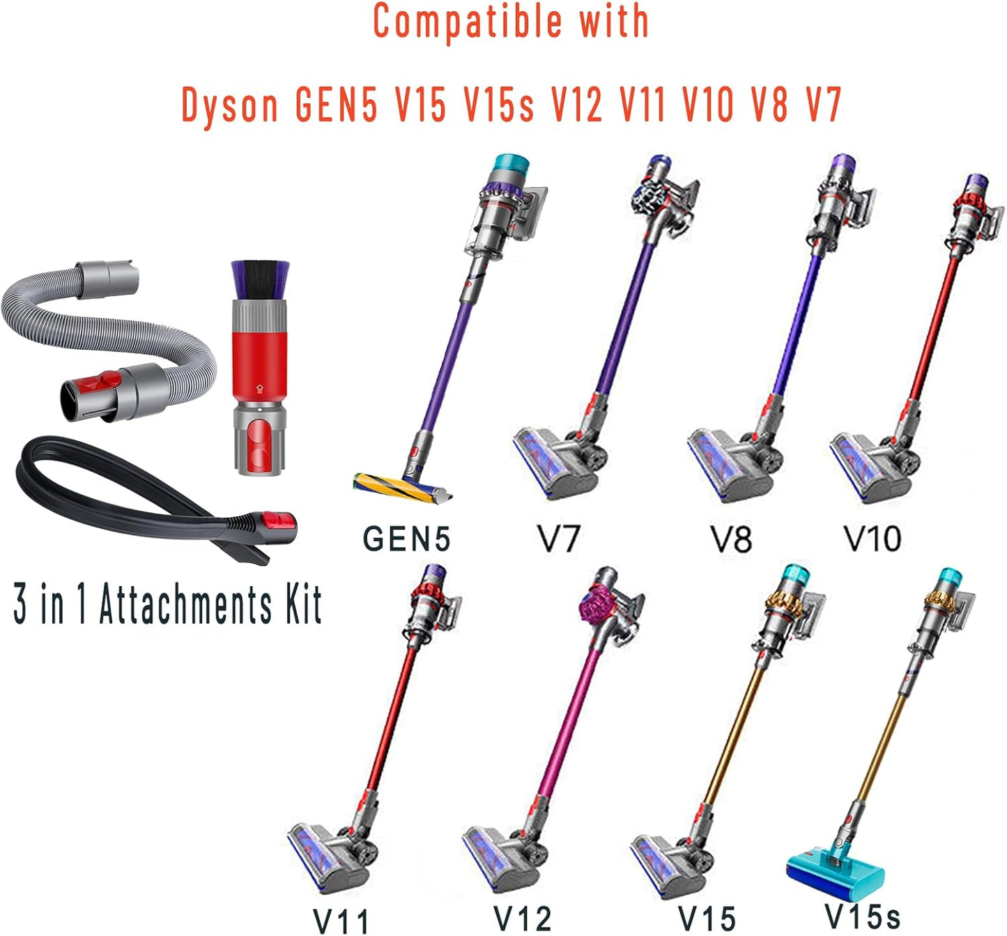 Scratch-free Dusting Brush & 63”Flexible Extension Hose Attachments for Dyson GEN5 V15 V12 V11 V10 V8 V7 Cordless Vacuum Cleaner, Ideal for Car Detailing, Keyboard/Blinds Cleaning,Delicate Surfaces