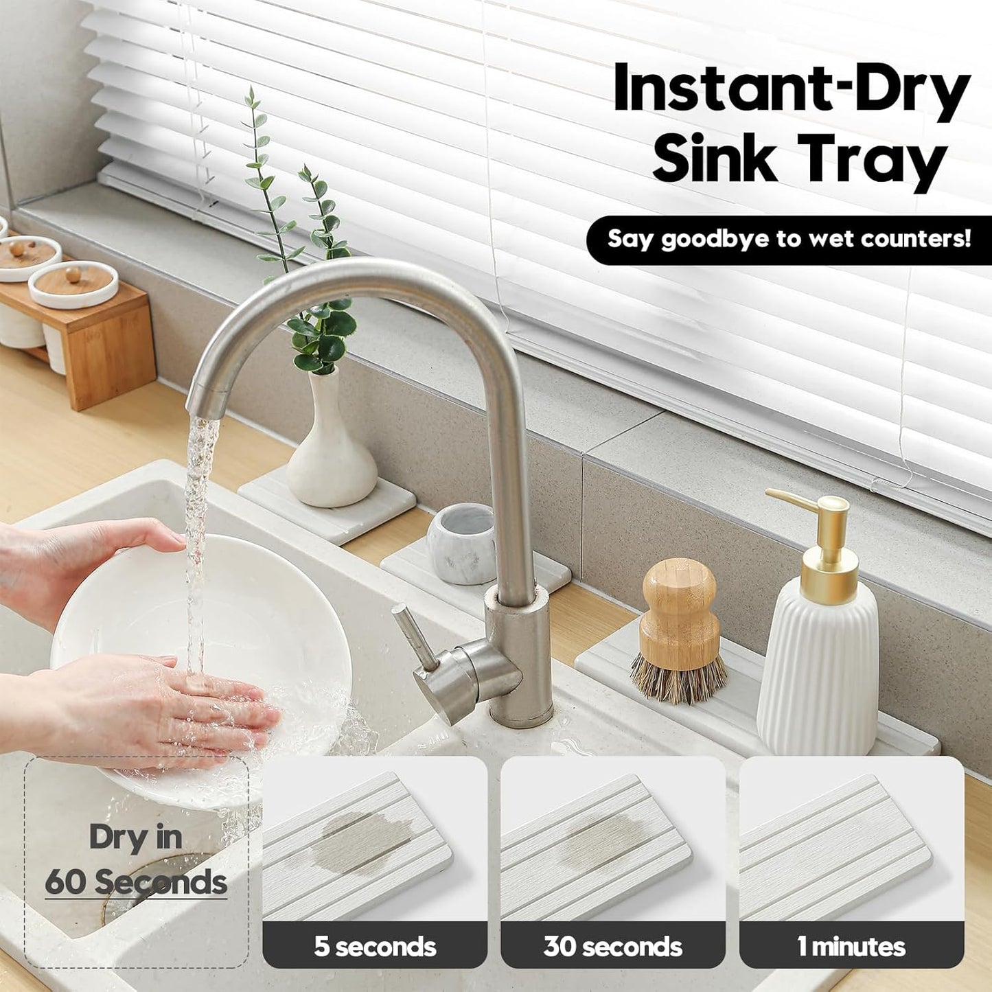 Fast Water Absorption Sink Organizer Tray Set, 3-Pack Compact and Space-Saving Stone Soap Holder Caddy for Kitchen & Bathroom Counter, Faucet Splash Guard, White (1pc of 8"x3.8" + 2pcs of 3.8"x3.8")