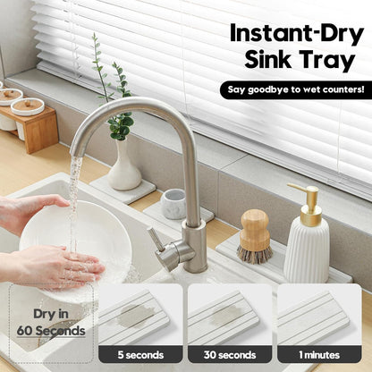 Fast Water Absorption Sink Organizer Tray Set, 3-Pack Compact and Space-Saving Stone Soap Holder Caddy for Kitchen & Bathroom Counter, Faucet Splash Guard, White (1pc of 8"x3.8" + 2pcs of 3.8"x3.8")
