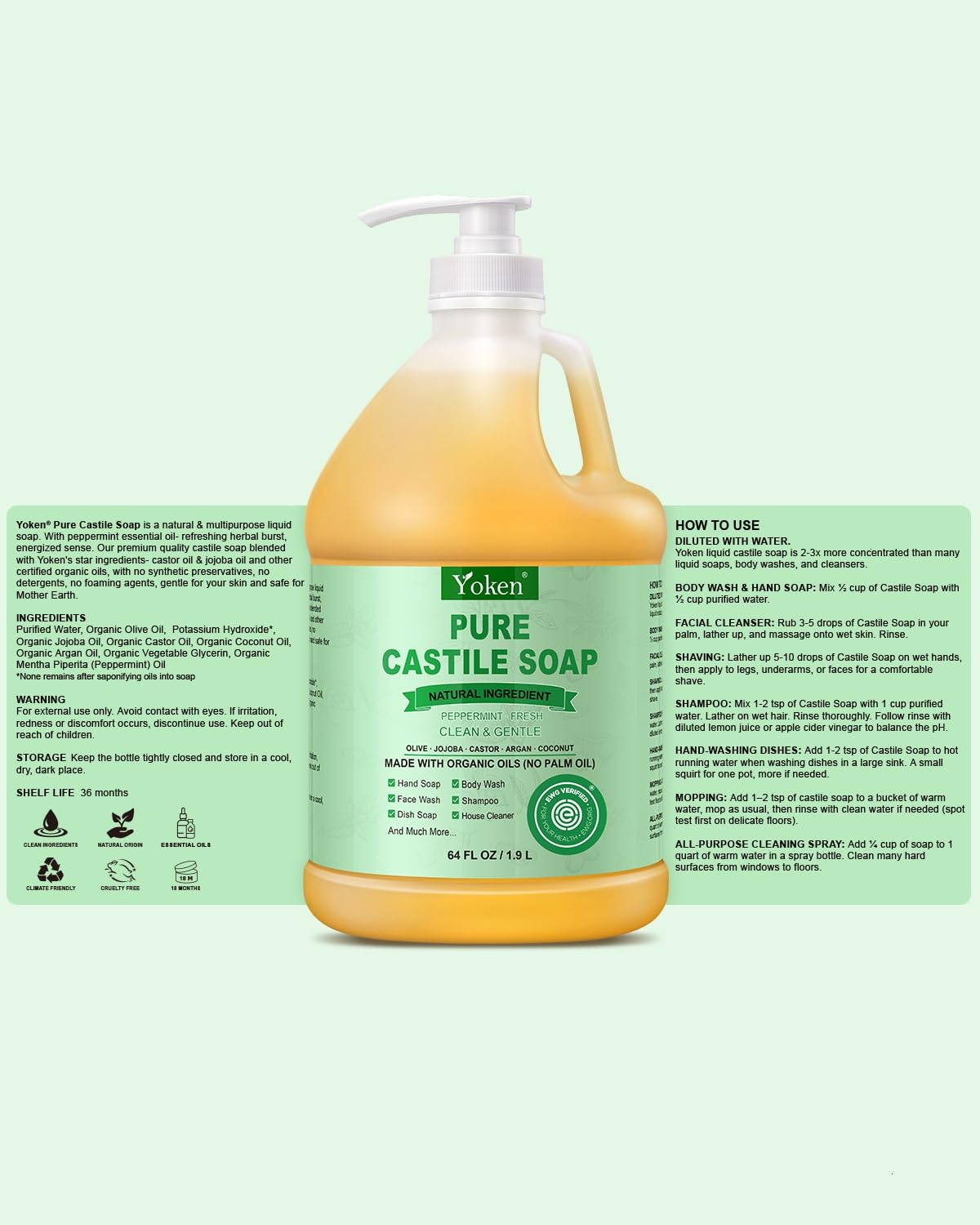 Yoken Castile Soap Liquid EWG Verified(1 Gallon, Unscented) Pure-Castile Liquid Soap for Body, Face, Hand, Pets, Laundry, Dish Soap and More - Made With Organic Oil, Vegan, Clean & Gentle, Versatile