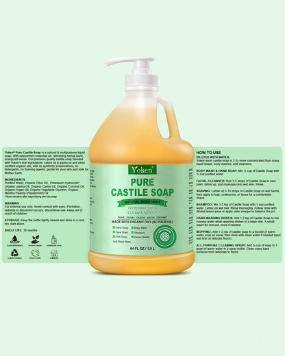 Yoken Castile Soap Liquid EWG Verified(1 Gallon, Unscented) Pure-Castile Liquid Soap for Body, Face, Hand, Pets, Laundry, Dish Soap and More - Made With Organic Oil, Vegan, Clean & Gentle, Versatile