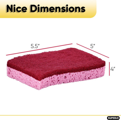 Non-Scratch Cellulose Sponge Kitchen Scrub Sponge with Scouring Pad Set, Good for Non-Stick Cookware Frying Pan, Pot, Counter Top, Sink Scrubbing, Kitchen Scrubbers, Pack of 2, (Red/Pink)