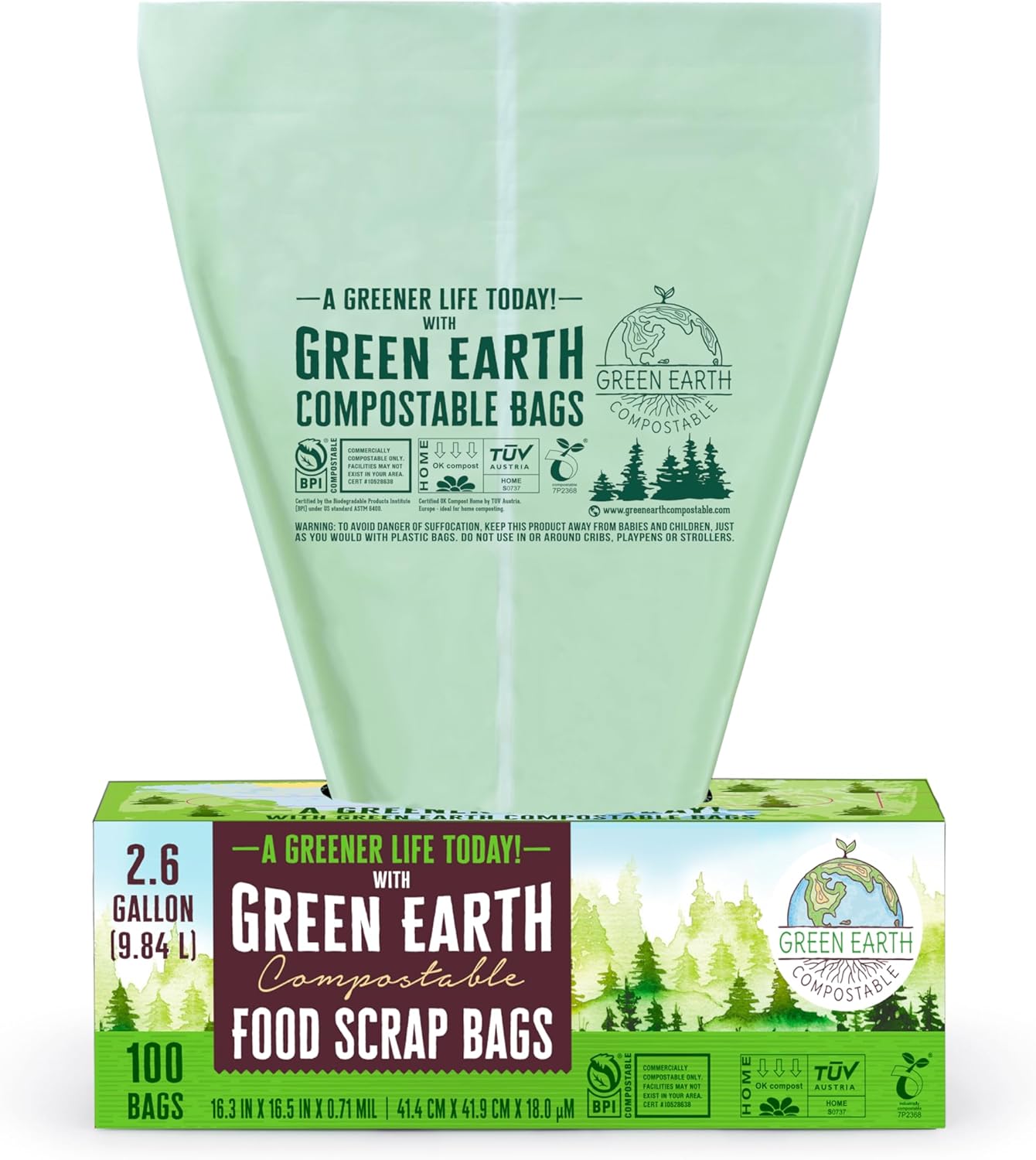 Green Earth Compostable Tall Kitchen Food Scrap Trash Bags, Superior Strength 0.9 Mil, Compost Bin Compatible, 13 Gallon, 49 Liter, 50-Count, ASTM D6400, BPI (US) & OK Compost Home (EU) Certified