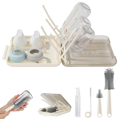 Bottle Brush Set -Baby Travel Essential-6 in 1 Bottle Cleaner Kit with Silicone Bottle Brush,Nipple Cleaner Brush,Straw Brush,Soap Dispenser,Storage Box,Bottle Drying Rack for Home and Travel(Green)