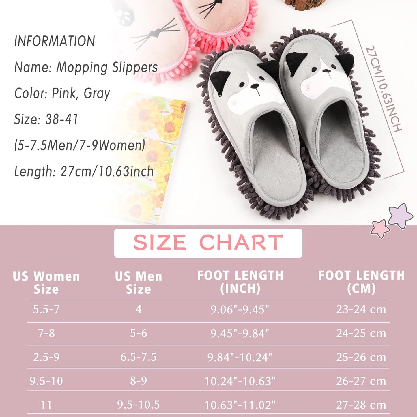 Cartoon Dog Mop Slippers Microfiber Clean Dusting Slippers Detachable Mopping Shoes for Office Home Room (Khaki)