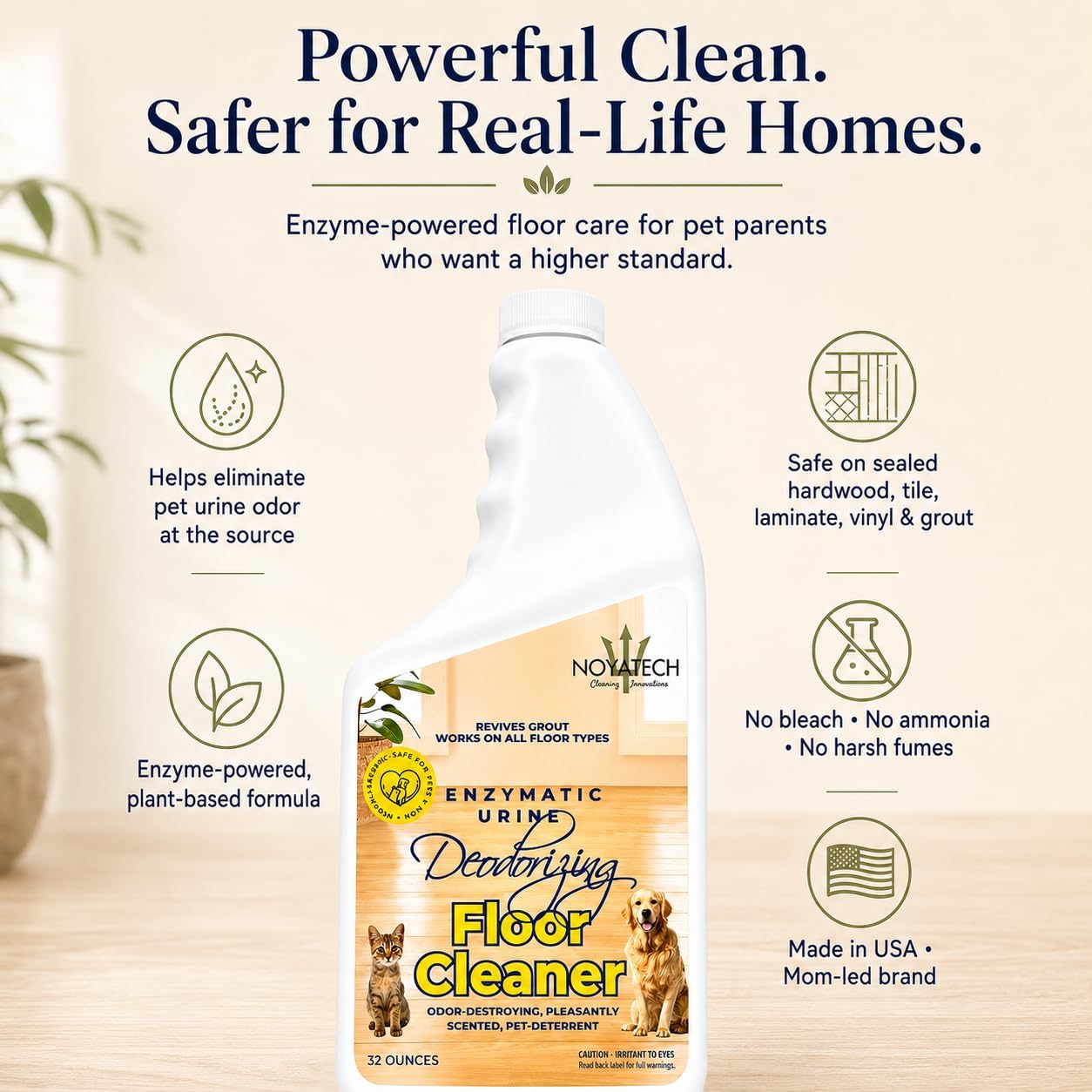 NOYATECH Pet Floor Cleaner for Mopping – Enzyme Urine & Odor Eliminator – Safe for Hardwood, Tile, Laminate & Grout – Dog & Cat Pee Concentrate, 32 oz