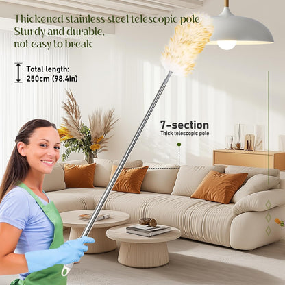 Lambswool Duster for Cleaning with Solid Wooden Handle Leather Hang Strap 87.8" Removable Retractable Feather Duster for Cleaning Ceiling Fans Window Blinds Interior Roof Furniture(2 Pack)