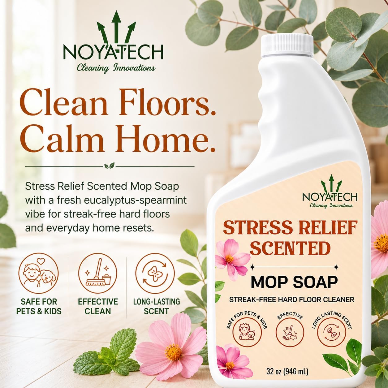 NOYATECH Scented Mop Soap – Stress Relief Aromatherapy Floor Cleaner Concentrate | Non-Toxic, Pet Safe, No Residue | Safe for Hardwood, Tile, Marble, Stone & Grout | All Mop Types | Made in USA
