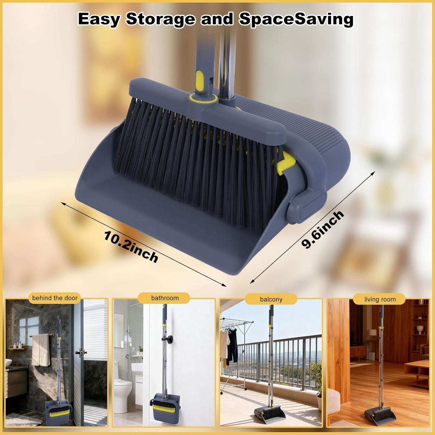 Heavy Duty Broom and Standing Dustpan Combo Set, Rotatable Head Dust Pan and Brush Set with Collapsible Handle, Cleaning Teeth, Hanging Loop, Ideal for Pets, RV, Kitchen, Camping, Outdoor Floor, White
