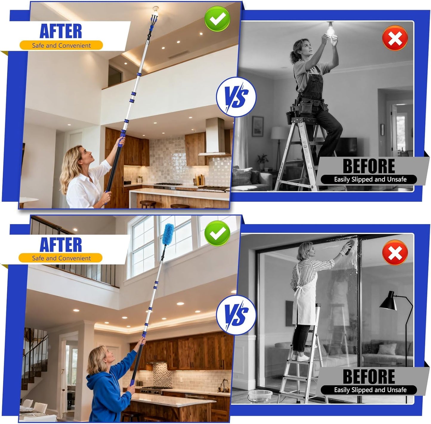 20FT Light Bulb Changer for High Ceilings with 5-12FT Heavy Duty Extension Pole,High Ceiling Fan Duster Extendable Reusable Cobweb,Feather,Window Cleaning Squeegee Kit for Home & House,Interior Roof