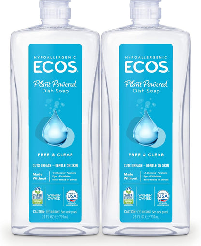 ECOS Dish Soap - Cuts Grease & Food Residue - No Harsh Chemicals - Hypoallergenic for Sensitive Skin - Biodegradable Formula, Recyclable Sustainable Liquid Dishwashing Soap - Natural Pear (Pack of 2)