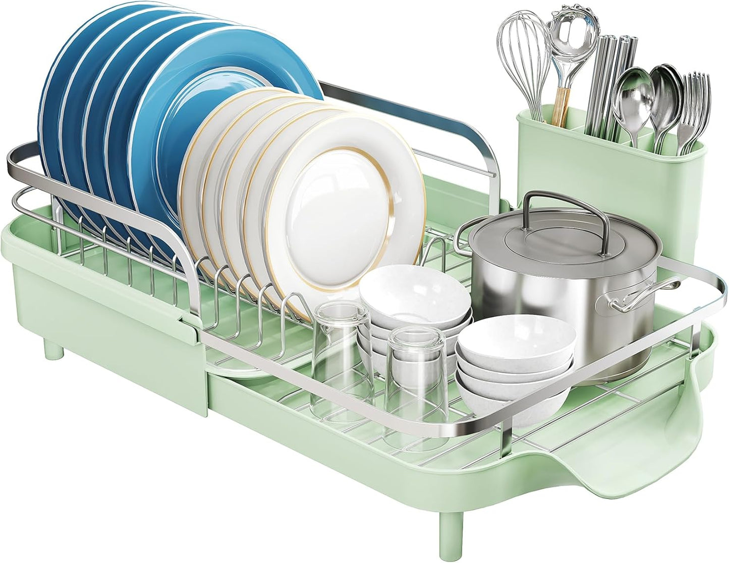 SNTD Dish Drying Rack, Expandable Dish Rack for Kitchen Counter, Stainless Steel Dish Drainer with Drainboard Set and Utensil Holder (Black)