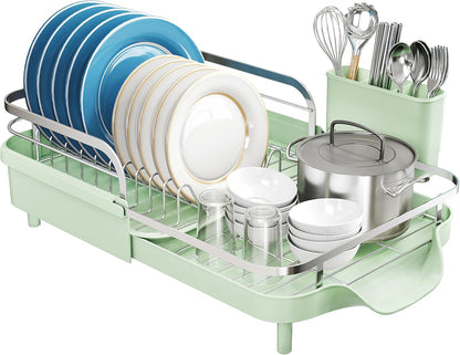 SNTD Dish Drying Rack, Expandable Dish Rack for Kitchen Counter, Stainless Steel Dish Drainer with Drainboard Set and Utensil Holder (Black)