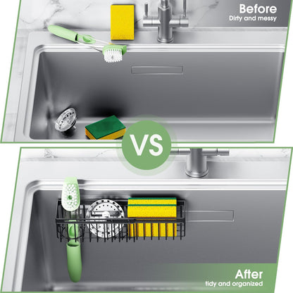 Expandable Kitchen Sink Caddy, Strong Adhesive Mount Detachable Sponge Holder for Kitchen & Bathroom Sink with Extra Suction Cups, Holds Sponges, Dish Brushes, Scrubbing Pads - Black