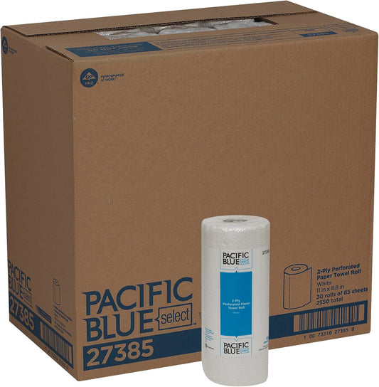 Georgia-Pacific Pacific Blue Select 2-Ply Perforated Roll Paper Towel, White, 85 Sheets Per Roll, 30 Rolls Per Case, 27385