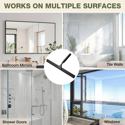 FARMER Shower Squeegee for Glass Doors, 10-Inch Glass Squeegee for Windows, Car Glass and Mirrors, Multi-Purpose Stainless Steel Squeegee with Suction Wall Hook and Over Door Hook, Silver