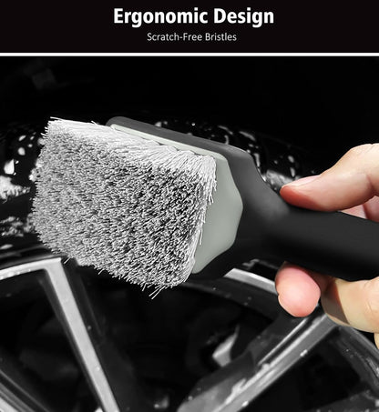 YeewayVeh 8PCS Ultimate Wheel and Tire Brush Kit | 2-Size 360° Bendable Rim Brushes, Boar Hair Detailing Brush, Tire Shine Applicators & Microfiber Towel | Complete Scratch-Free Cleaning & Shining Set