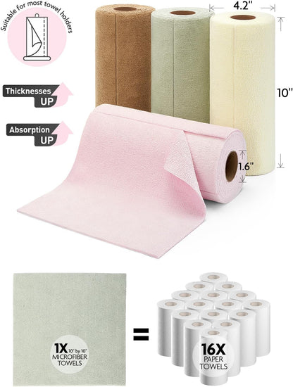 Fantasticlean Kitchen Towels - 40 Sheets - Reusable Washable Dishcloth Rolls, Super Absorbent, Premium Microfiber Cleaning Cloths, 10'' by 10'' (Beige, MossGreen)