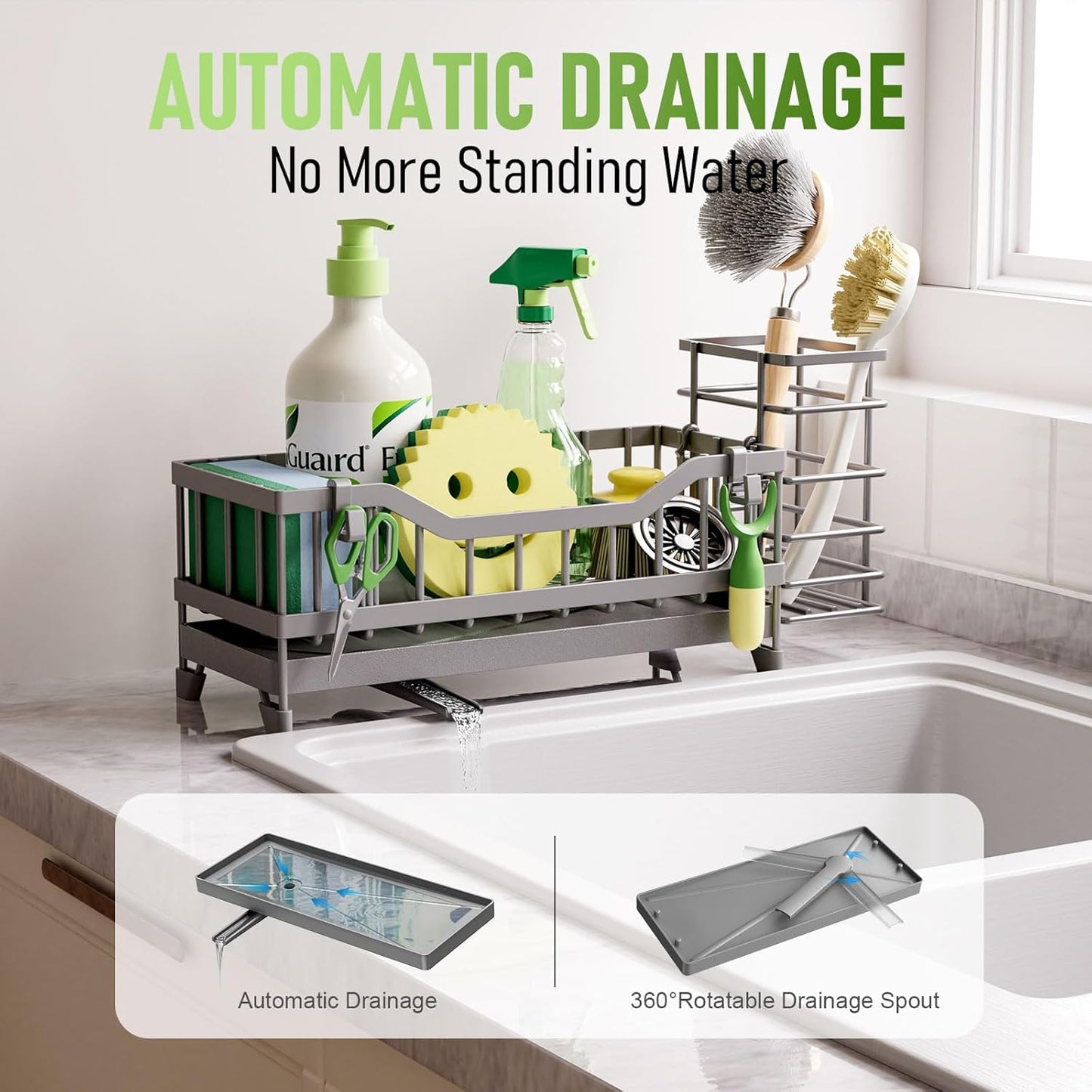 Sponge Holder for Kitchen Sink, Kitchen Sink Caddy with Long-Handled Dish Brushes Holder, 304 Rustproof Stainless Steel Countertop Organizers and Storage, Home Kitchen Sink Accessories(Silver)