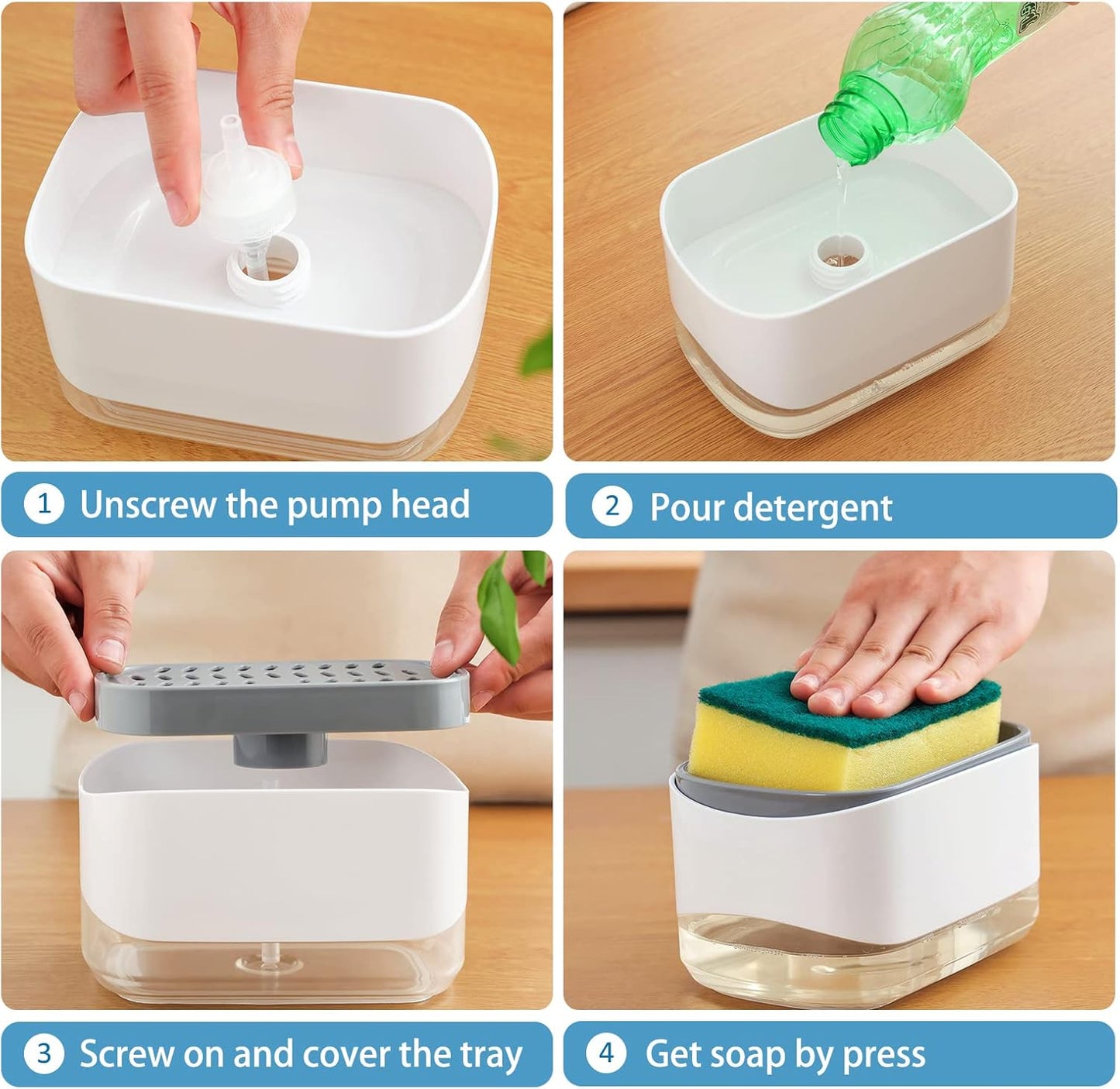 RUFCRIL Soap Pump Dispenser and Sponge Holder, 10oz / 300ml Dish Soap Dispenser for Kitchen,White