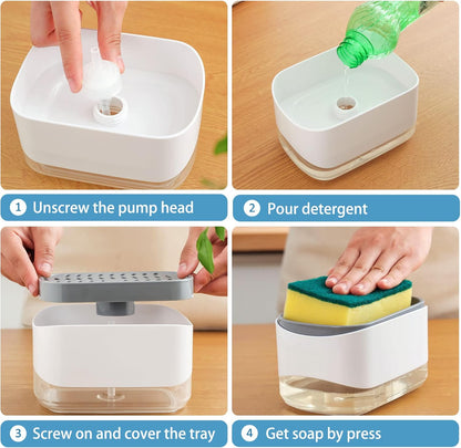 RUFCRIL Soap Pump Dispenser and Sponge Holder, 10oz / 300ml Dish Soap Dispenser for Kitchen,White