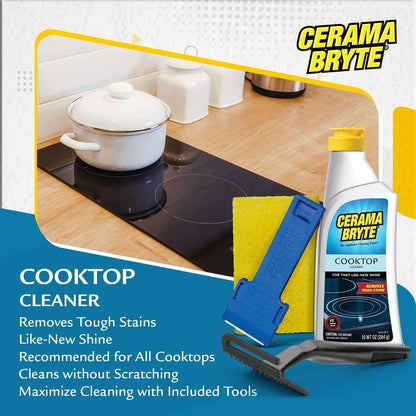 Cerama Bryte - Cooktop Cleaning Kit - Includes 10 oz. Bottle of Cerama Bryte Cooktop Cleaner, 2 Cleaning Pads, 1 POW-R Grip Pad Tool and 1 Scraper packed in Reusable Container, White (SYNCHKG114607)