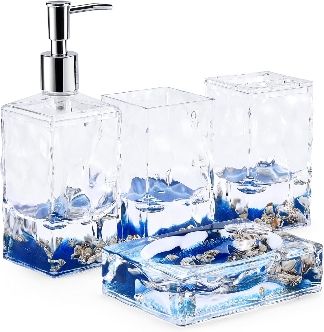 Locco Decor 5 Piece Acrylic Liquid 4D Floating Motion Bathroom Vanity Accessory Set Garden Botanic Green Plants Toothbrush Holder, Tumbler, Soap Dispenser, Soap Dish, Toiletbrush Holder Set