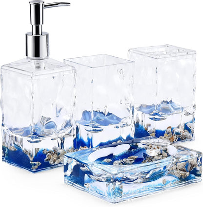Locco Decor 5 Piece Acrylic Liquid 4D Floating Motion Bathroom Vanity Accessory Set Garden Botanic Green Plants Toothbrush Holder, Tumbler, Soap Dispenser, Soap Dish, Toiletbrush Holder Set