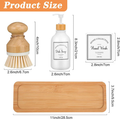 Zopeal 4 Pcs 16 oz Kitchen Soap Dispenser Set with Bamboo Tray and Dish Brush Plastic Soap Dispenser Set with Waterproof Labels for Hand Dish Lotion(Frosted Black)