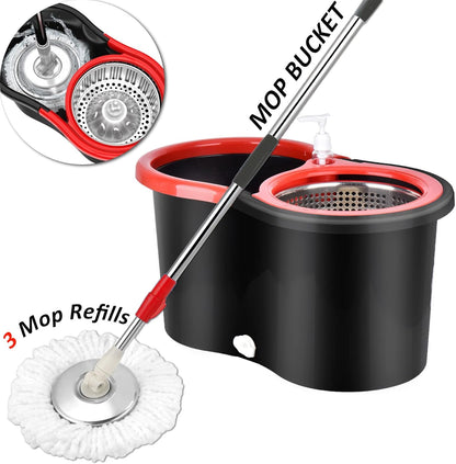 Spin Mop and Bucket with Wringer Set，Mop and Bucket Set for Floor Cleaning with 3 Mop Refills 61 inches Telescoping Rod for Office and Home use