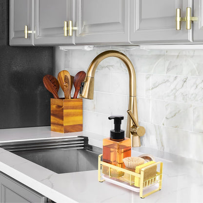HULISEN Large Sponge Holder, 304 Stainless Steel Kitchen Soap Dispenser Caddy Organizer, Countertop Soap Dish Rack Drainer with Removable Drain Tray, not Including Dispenser and Brush, Silver