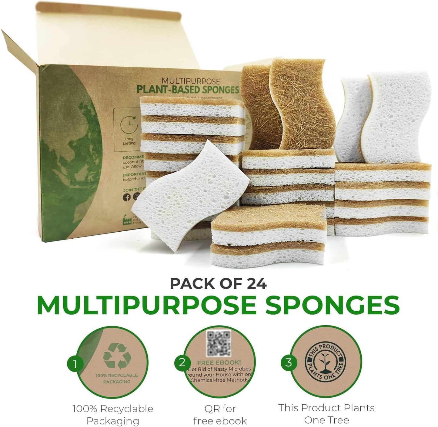 AIRNEX Natural Kitchen Sponges (12 Pack) - Biodegradable Cellulose & Coconut Scrubber Dish Sponges for Kitchen - Eco-Friendly, Non Scratch, Compostable, Non Toxic S-Shaped Natural Sponges for Dishes