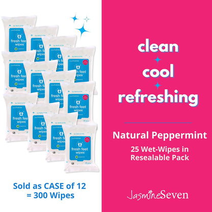 Jasmine Seven Fresh Feet Wipes - Peppermint - 45 Count Resealable Canister (Natural Foot and Body Wet Wipes)