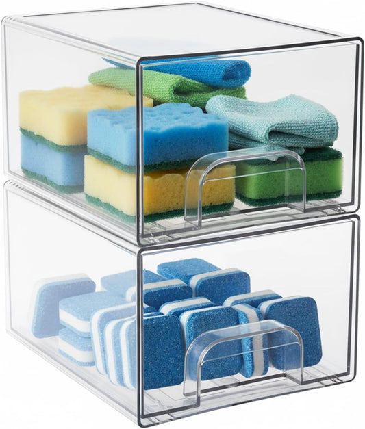 2 Pack Laundry Pods Container, Stackable Laundry Room Organization Storage Drawers, Dryer Sheet Container, Detergent Holder with Pull Handle, Bathroom Organization, Clear