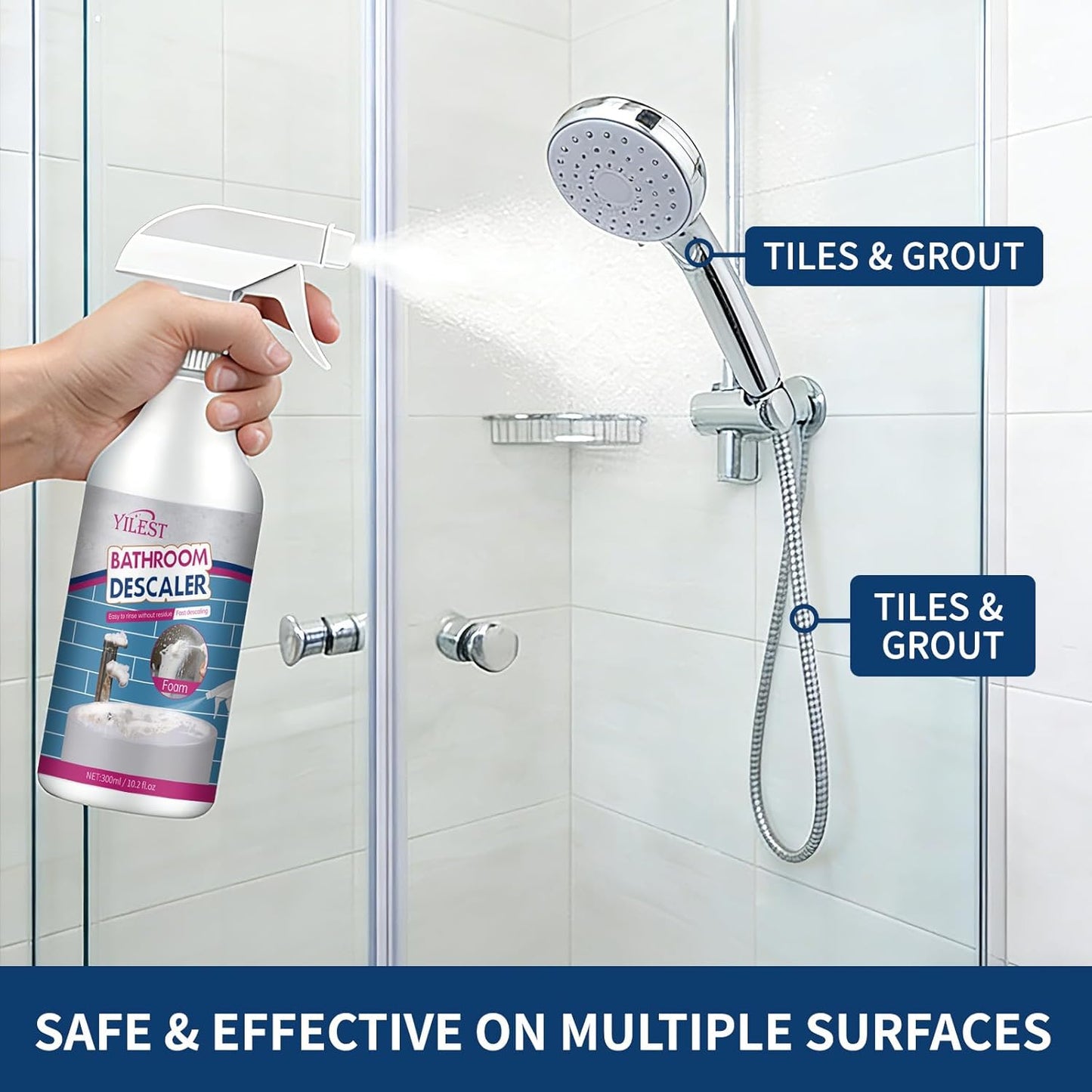 2026 New Multipurpose Bathroom Descaler Foam Cleaner 300ML – No-Rinse Formula with Cleaning Cloth & Sponge, Powerful Limescale Remover for Bathtub, Shower, Taps, Glass, and Tiles