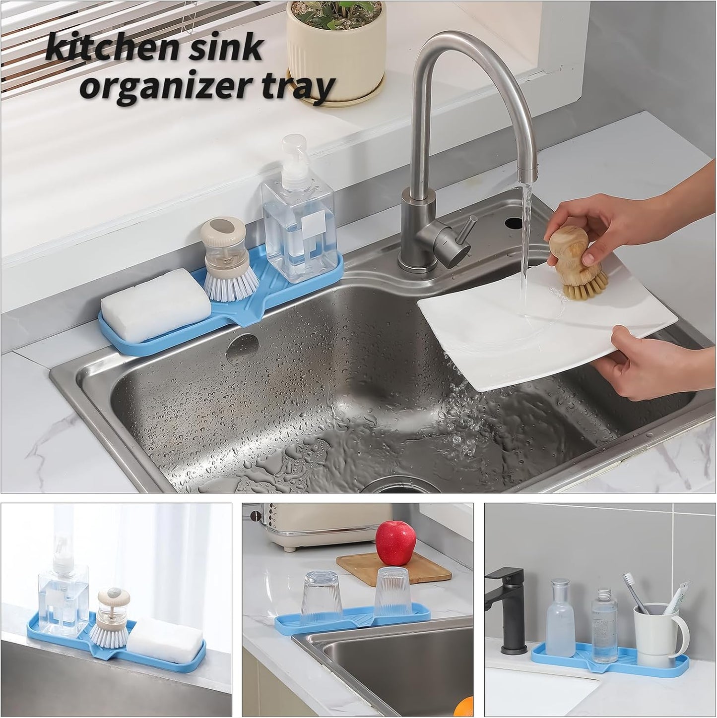 MicoYang Silicone Bathroom Soap Dishes with Drain Spout-Bathroom and Kitchen Sink Organizer,Sponge Holder,Dish Soap Tray,Perfect for Dispenser,Scrubber,Bottle,Cup on Sink or Counter-Black 4.9"×3.2"