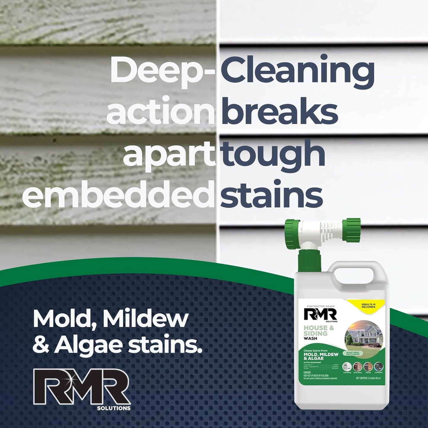 RMR House and Siding Wash - Commercial-Grade Outdoor Stain Remover for Mold, Mildew, and Algae, 64 Ounce Bottle With Hose-End Adapter