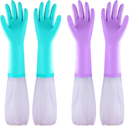 Elgood Reusable Dishwashing Cleaning Gloves with Latex free, Cotton lining,Kitchen Gloves 2 Pairs,Purple+blue Medium