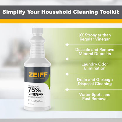 Zeiff 75% Pure Concentrated Vinegar - Technical Grade Acetic Acid Solution for Home and Outdoor Use - Cleaning Vinegar for Home & Laundry - 32 Oz, 2 Pack