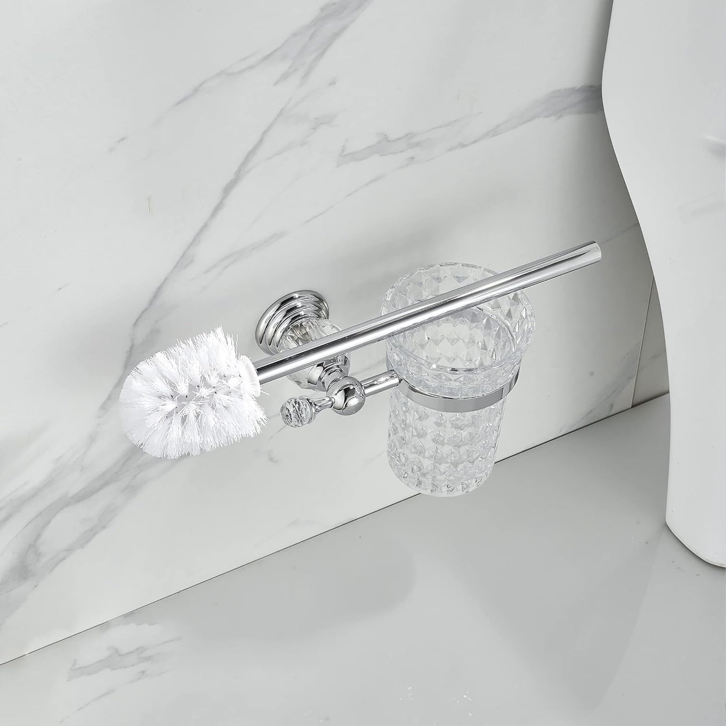 WOLIBEER Crystal Toilet Brush Holder, Polished Gold Brush Handle with Replaceable Brush Head, Stainless Steel Bathroom Cleaning Set Wall Mounted