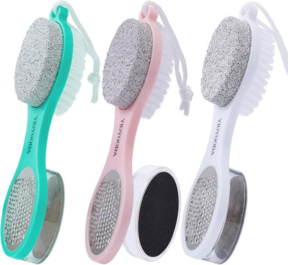 Foot File Callus Remover 5-in-1, 2 Pcs Feet Scraper Pedicure Tools with Pumice Stone, Scrubber Brush, Stainless Steel Foot Rasp and Sand Paper Debris Catcher, Multi Purpose, Cyan